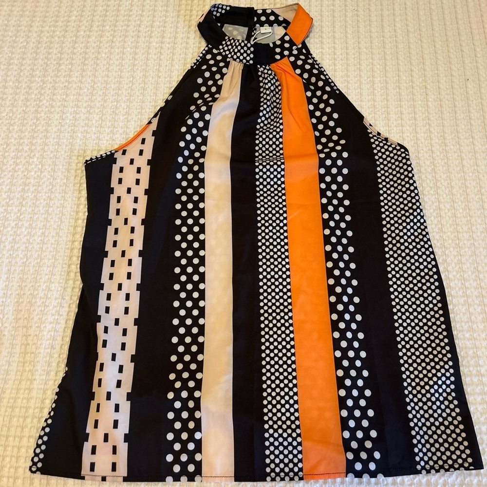 Elegant Halter Blouse with Polka Dots - Black and Orange